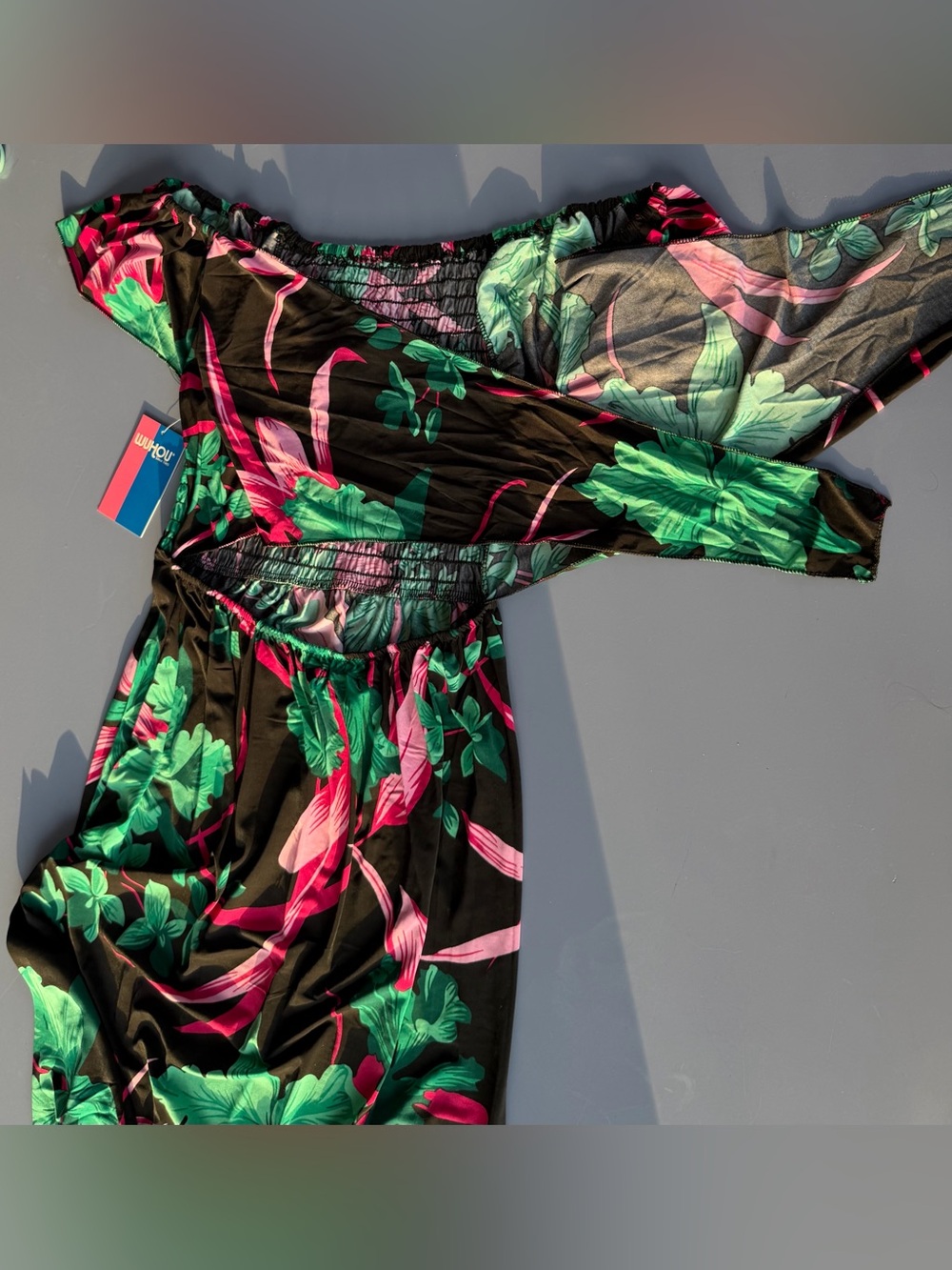 Tropical Floral Off-Shoulder with Front Tie Maxi Dress - Green & Pink - Picture 4 of 13